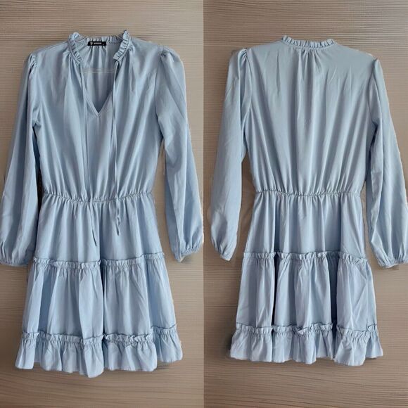Baby Blue boho peasant long sleeve dress - Picture 2 of 16